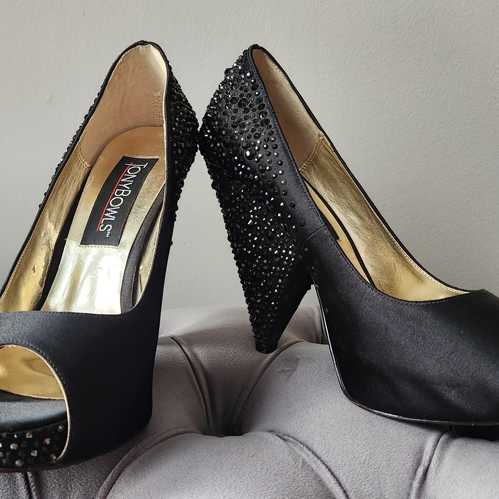 Tony Bowls Black Satin Peep-Toe Pumps with Crystal-Studded Heel
